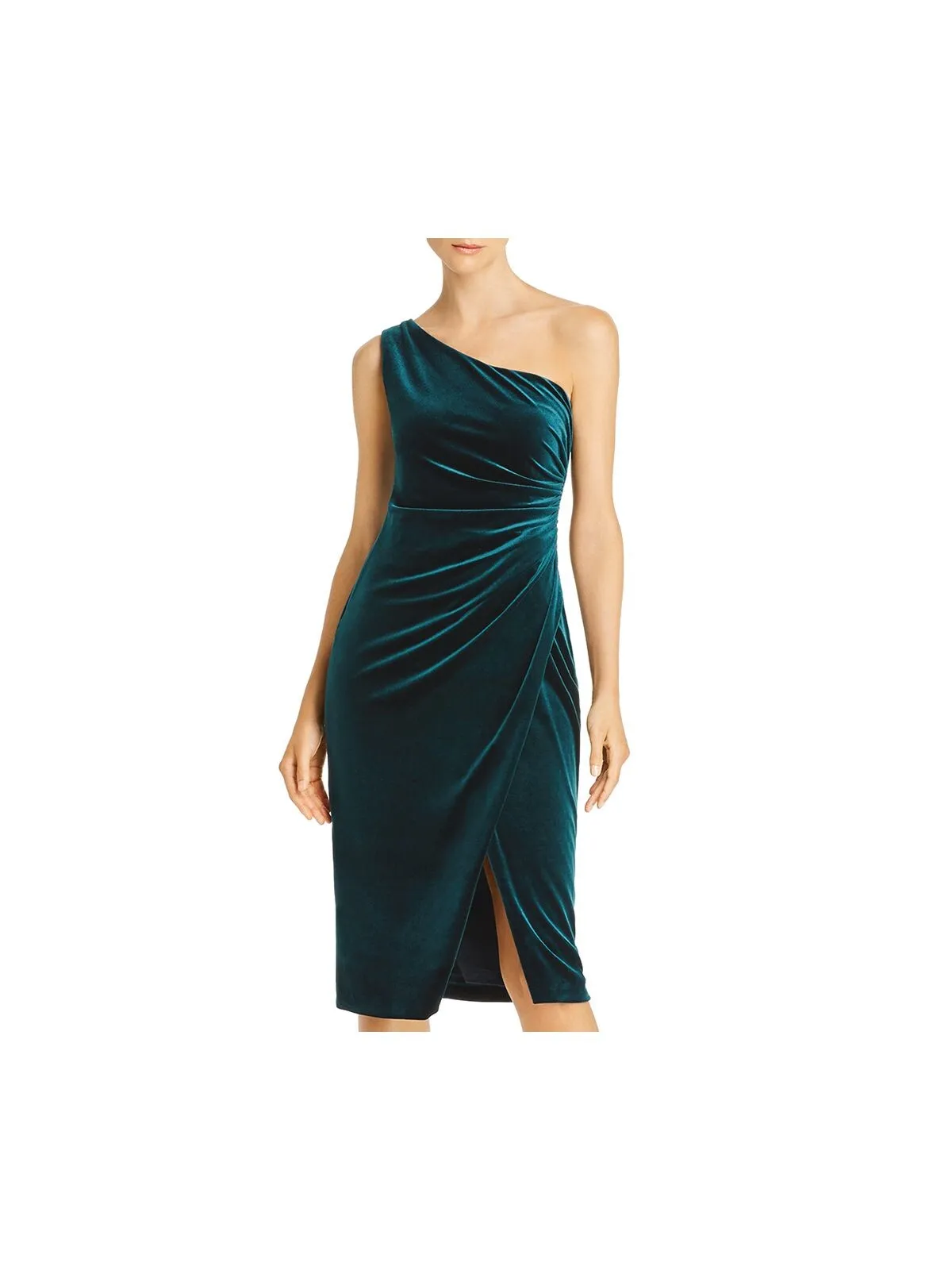 AQUA DRESSES Womens Green Sleeveless Asymmetrical Neckline Below The Knee Party Wrap Dress
