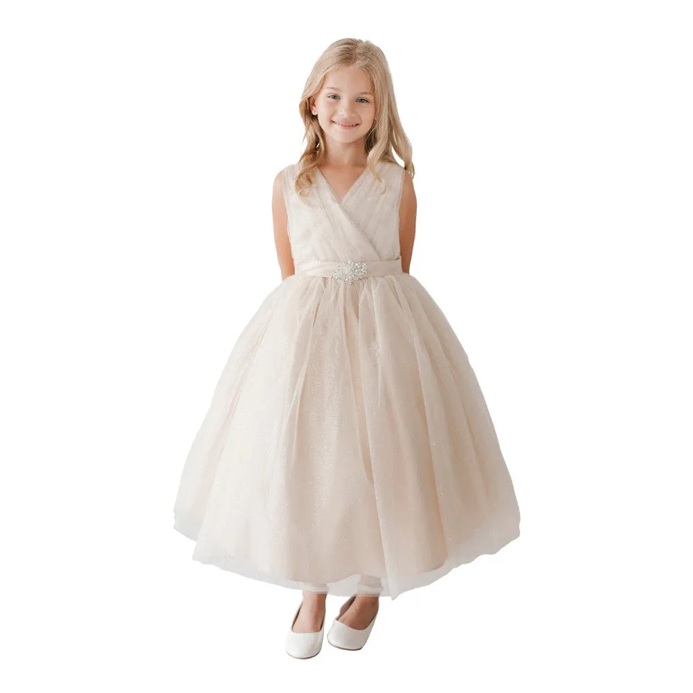 Little Girls Gold Glitter Tulle V-Neck Rhinestone Brooch Flower Girl Dress 2-6
