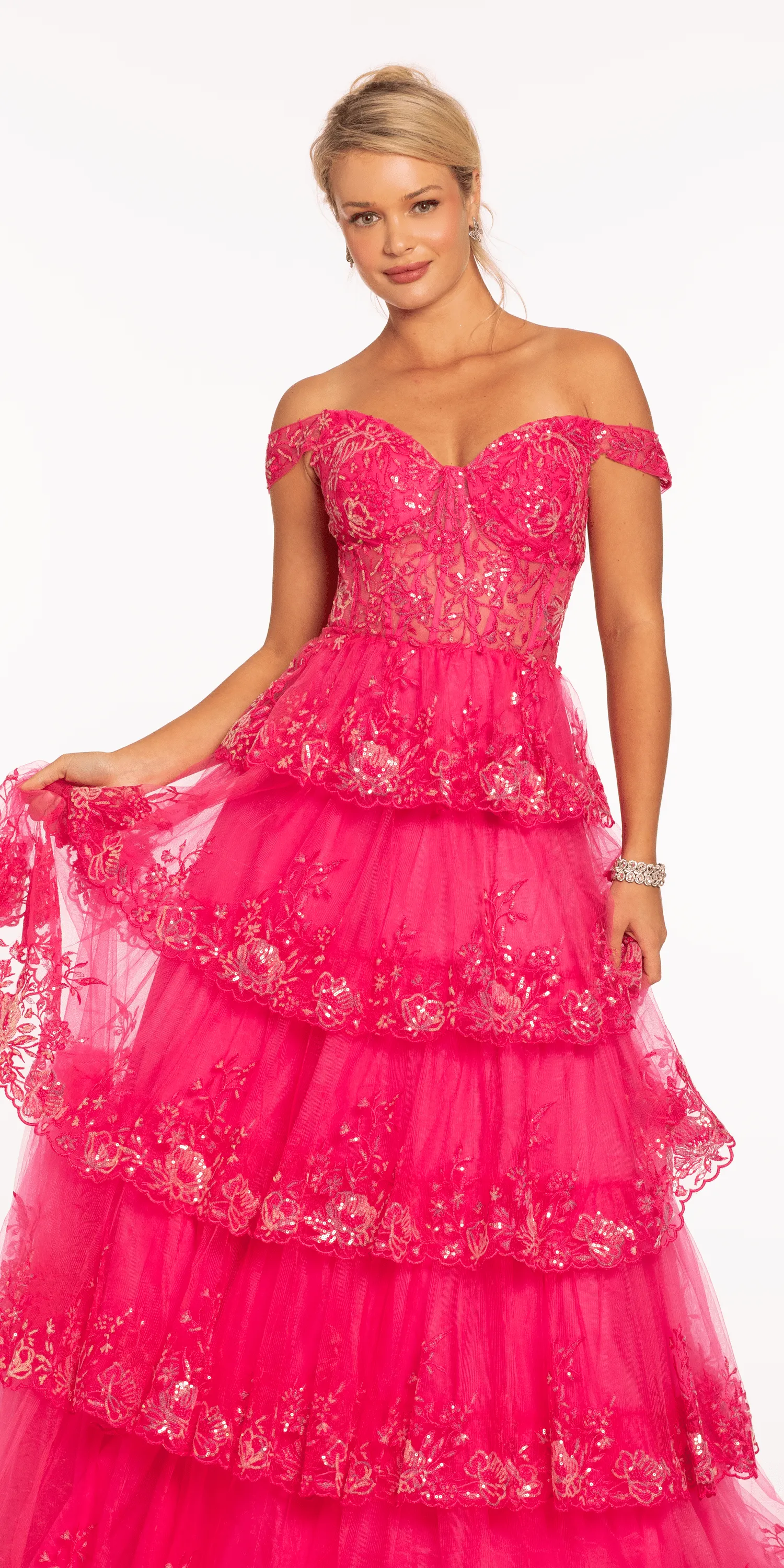 Off the Shoulder Embellished Tiered Corset Ballgown