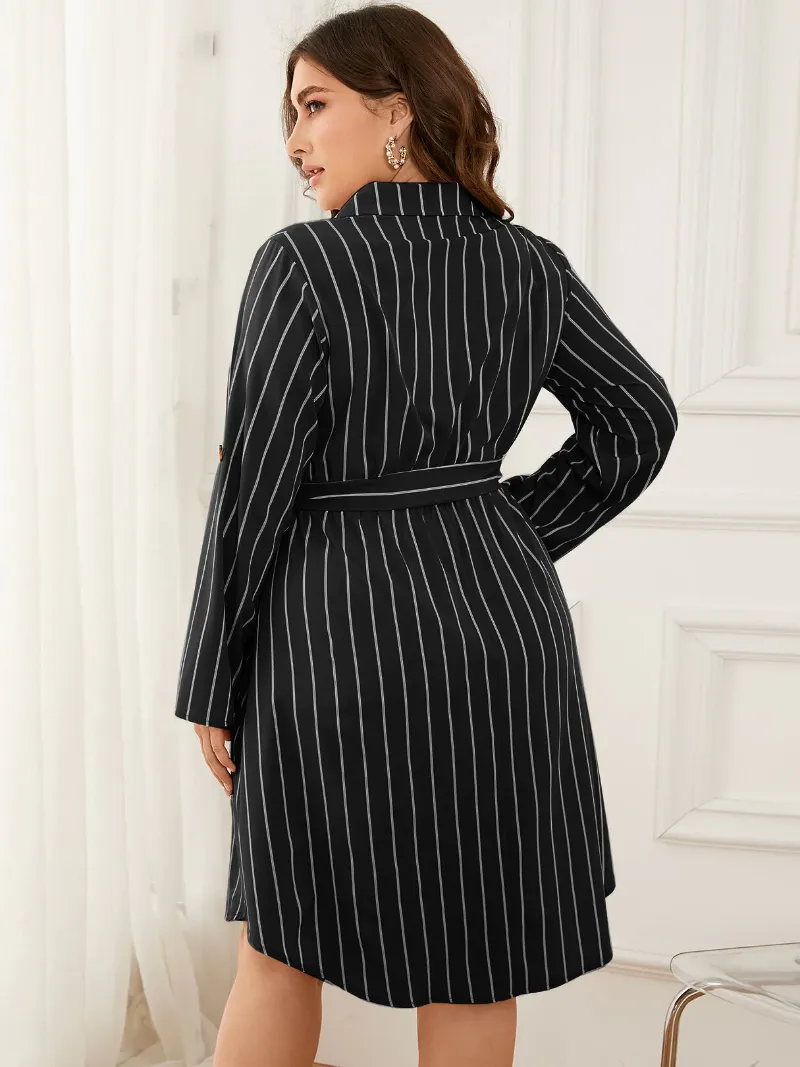 Plus Size Striped Belt Design Front Button Long Sleeves Dress